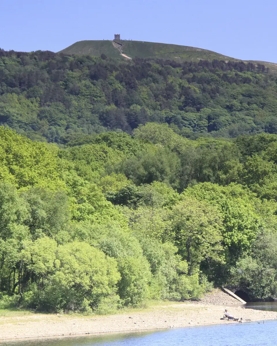 Rivington Pike above the wooded Rivington reservoirs, Horwich