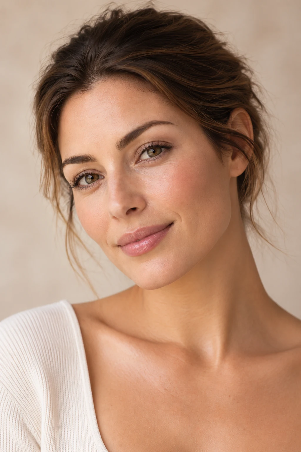 Angled portrait of a woman with clear, healthy skin and natural texture